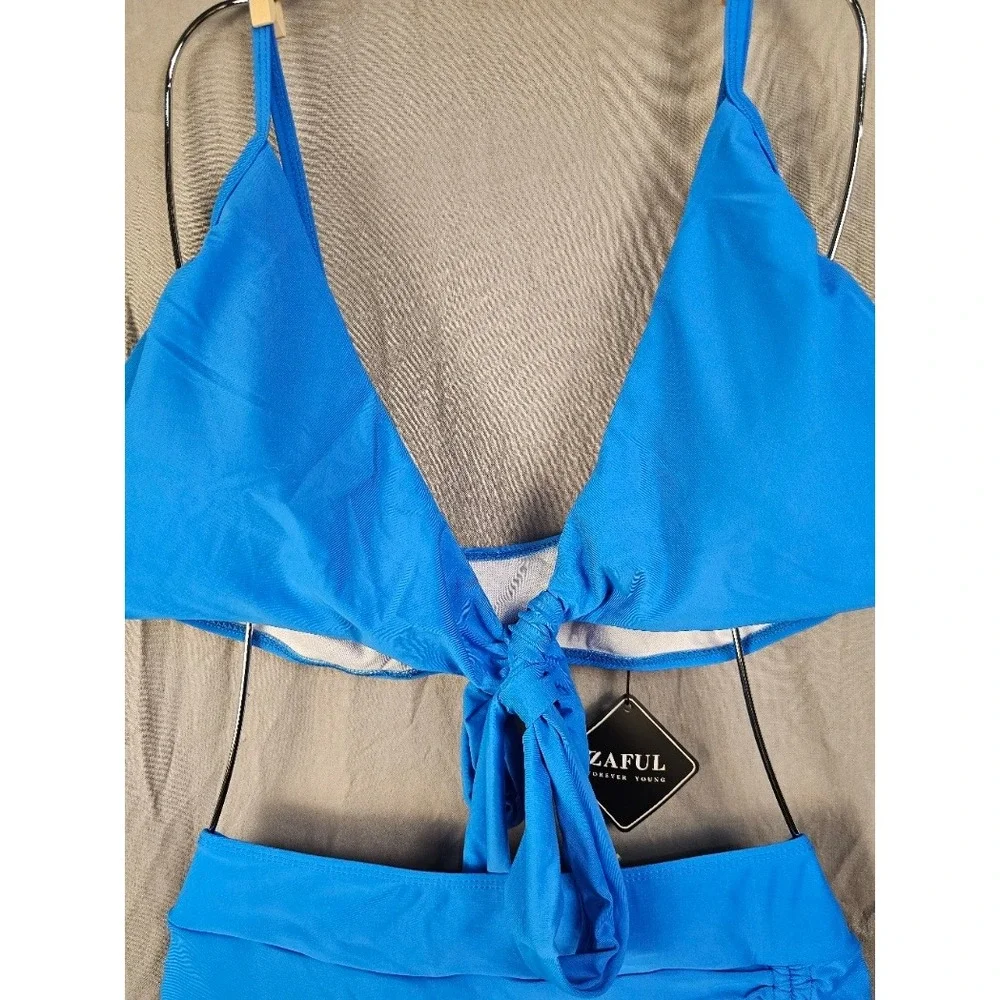 Zaful Blue Two Piece Swimsuit Set Front Tie Bikini Top Ruched Skirt XL NEW